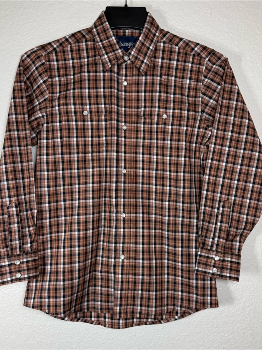 Wrangler‎ Boys Long Sleeve Western Plaid Snap Shirt size Large Black Brown White